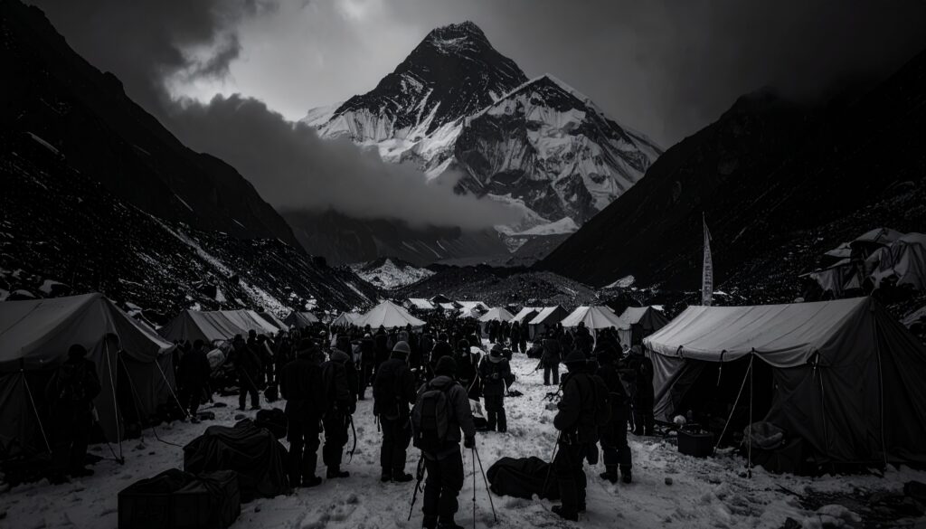 一九六○年中國登山隊在大本營的歷史照片風格場景,隊員們圍在一起討論攀登計劃