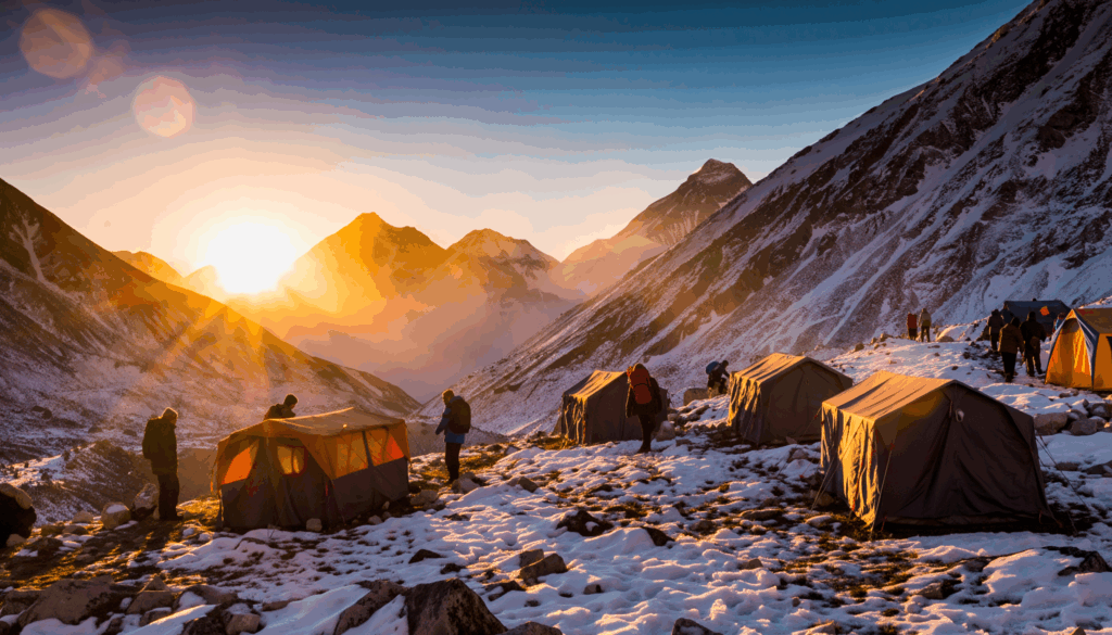 Firefly Sunset over Everest Base Camp, with golden light falling across the tents and snow co 72820
