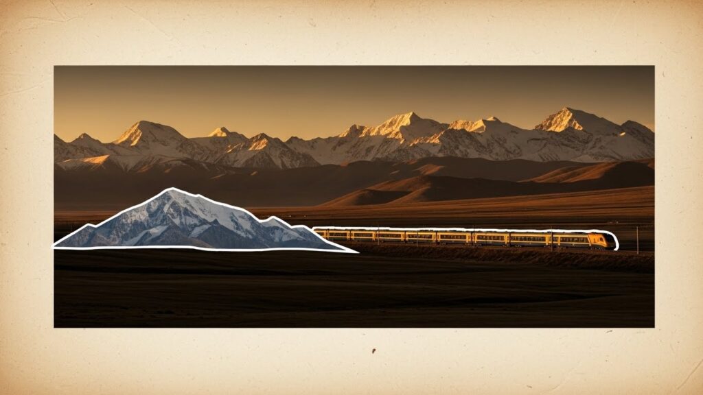 青藏铁路穿越高原景观，关键词：青藏铁路／高原／雪山