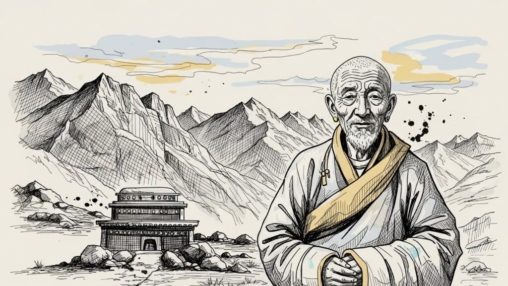 一位藏族长者站在天葬台附近,神情庄严,背景是西藏的群山,传达对传统的尊重