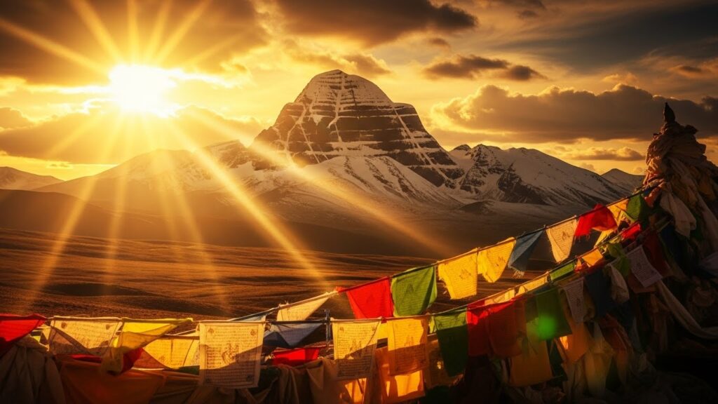 冈仁波齐峰在晨光中闪耀如水晶，经幡随风飘扬，象征着这座神圣山峰的庄严与神秘