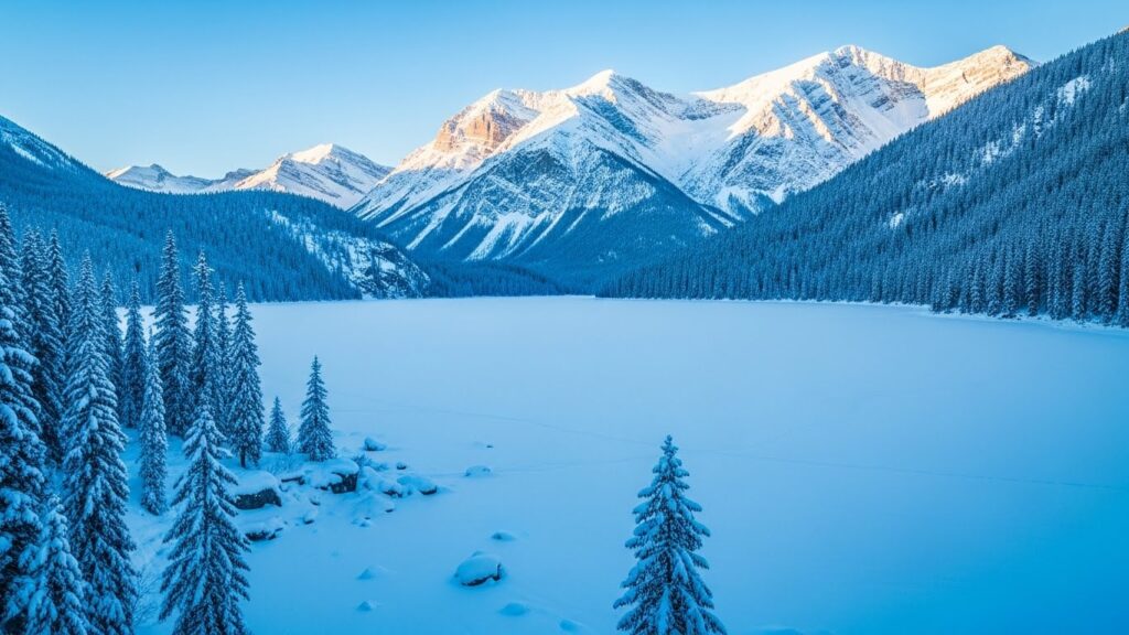 冬季的天山天池冰封湖面,雪景与蓝冰交织的极地风光