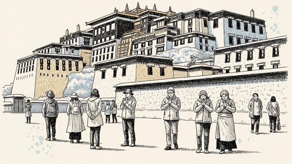 游客在西藏寺庙前安静参观,展现对文化的尊重,背景是传统的藏族建筑。