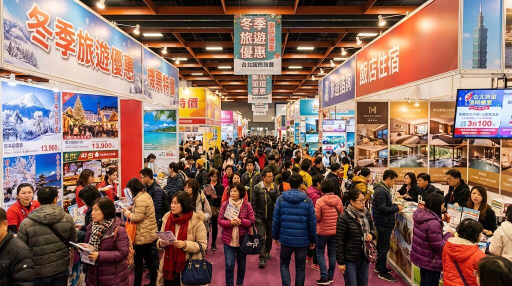 冬季旅展会场人山人海,民众寻找优惠资讯