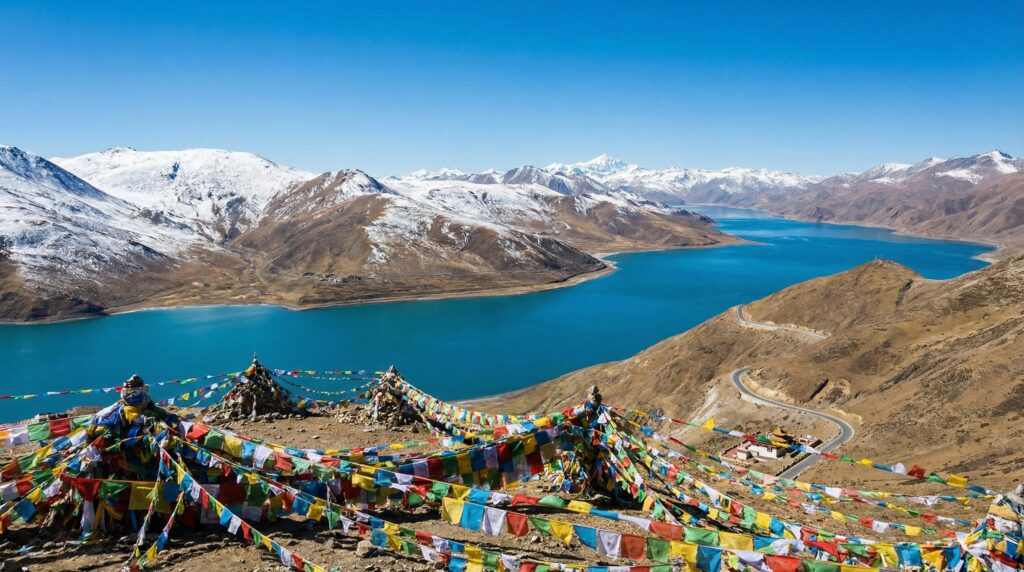 Sacred Tibetan Lake Aerial View 西藏圣湖纳木措的湛蓝湖水与念青唐古拉雪山相映成趣