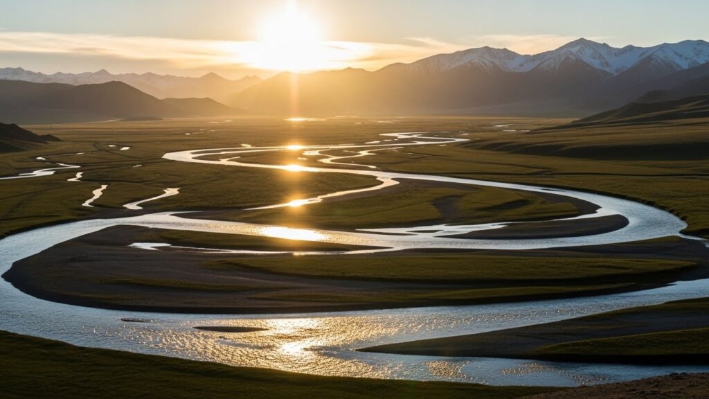 夕阳余晖洒在巴音布鲁克草原上，蜿蜒的开都河如同一条金色的丝带，静静流淌在天山的怀抱中。