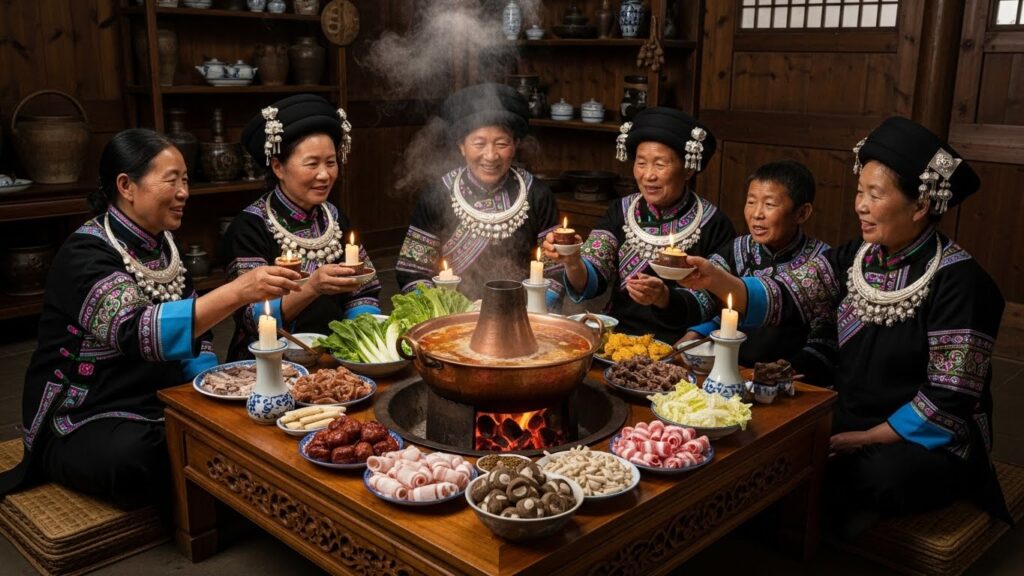 羌族家庭围坐铜火锅旁,这是团圆与情感连结的重要时刻