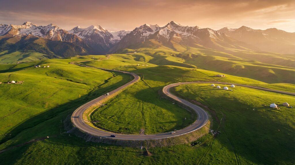 新疆的自駕公路往往穿梭在雪山與草原之間，圖為伊昭公路蜿蜒的盤山道。