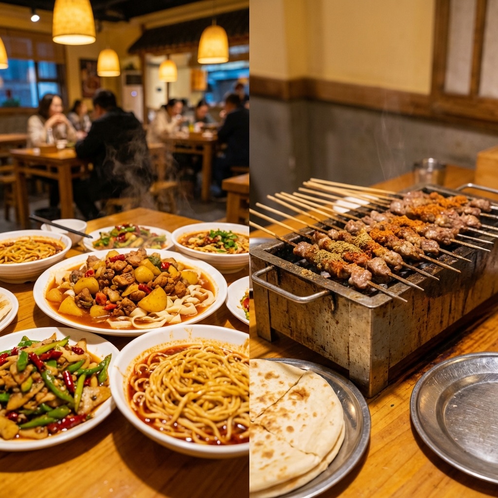 北疆丰富调味美食与南疆原味烤肉的对比