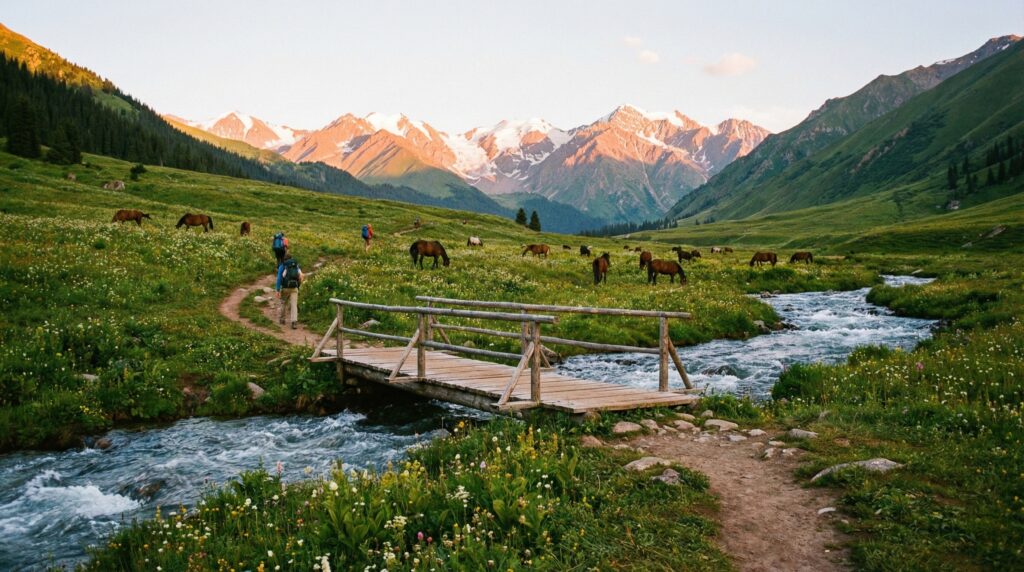 Hikers crossing a small wooden bridge 夏塔古道深处:将军桥连接着草原、森林与雪山的秘境