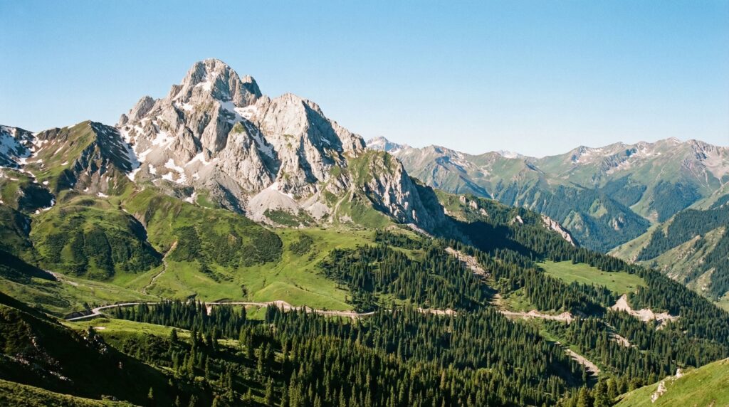 Mountain landscape with green slopes 白石峰的垂直景观带:从森林到雪线的自然过渡