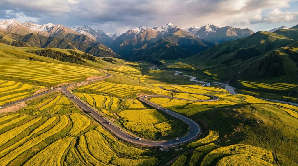 Mountain landscape with winding road 伊昭公路穿越天山,连接油菜花海与雪山草原的绝美景观