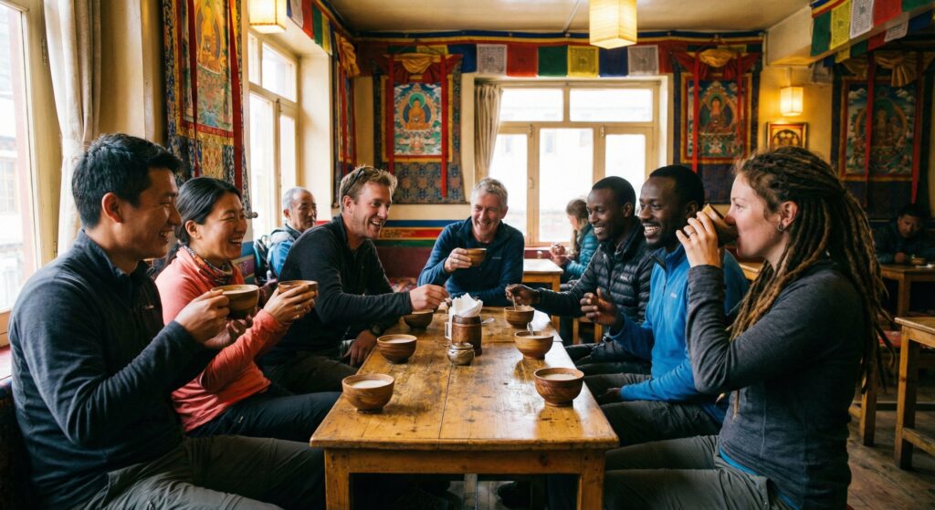 在藏式茶館裡和來自各國的旅伴一起喝酥油茶,拼團旅行的樂趣就在這些意外的相遇