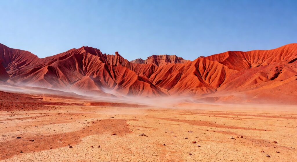 Desert with red mountains and blue sky