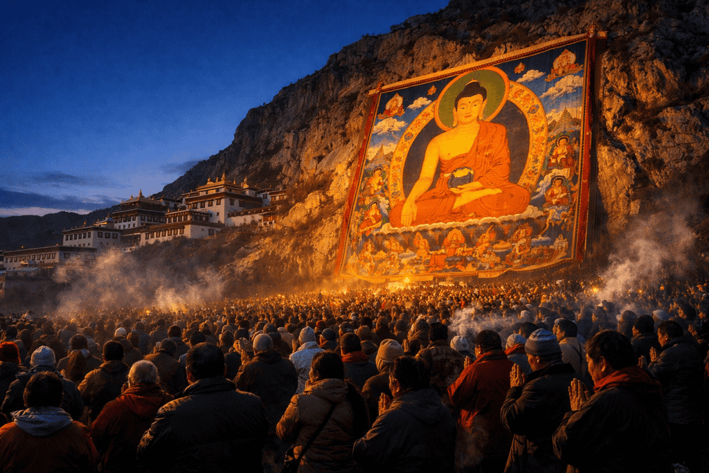 凌晨曙光中,哲蚌寺山崖上展开的巨幅唐卡与下方合掌祈祷的信众