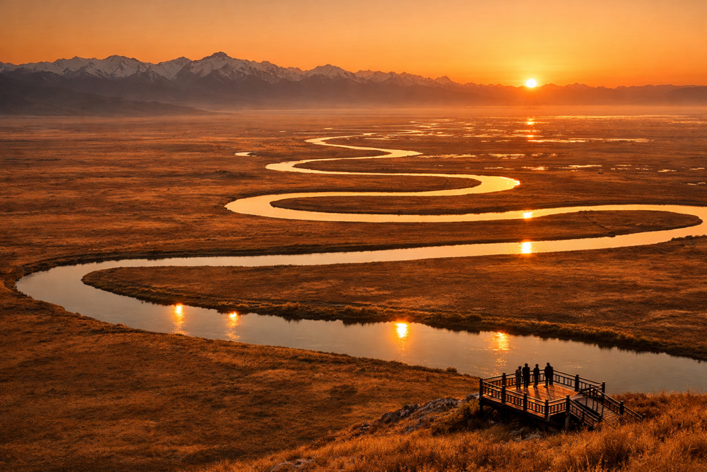 开都河在夕阳下蜿蜒成金色长龙,九曲十八弯是巴音布鲁克最令人屏息的地景
