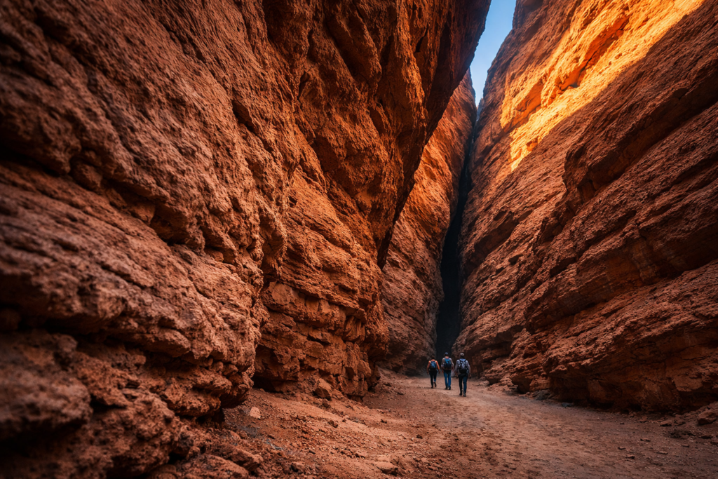 库车天山神秘大峡谷维吾尔语称「克孜利亚」,意为红色的山崖,最窄处侧身才能通过