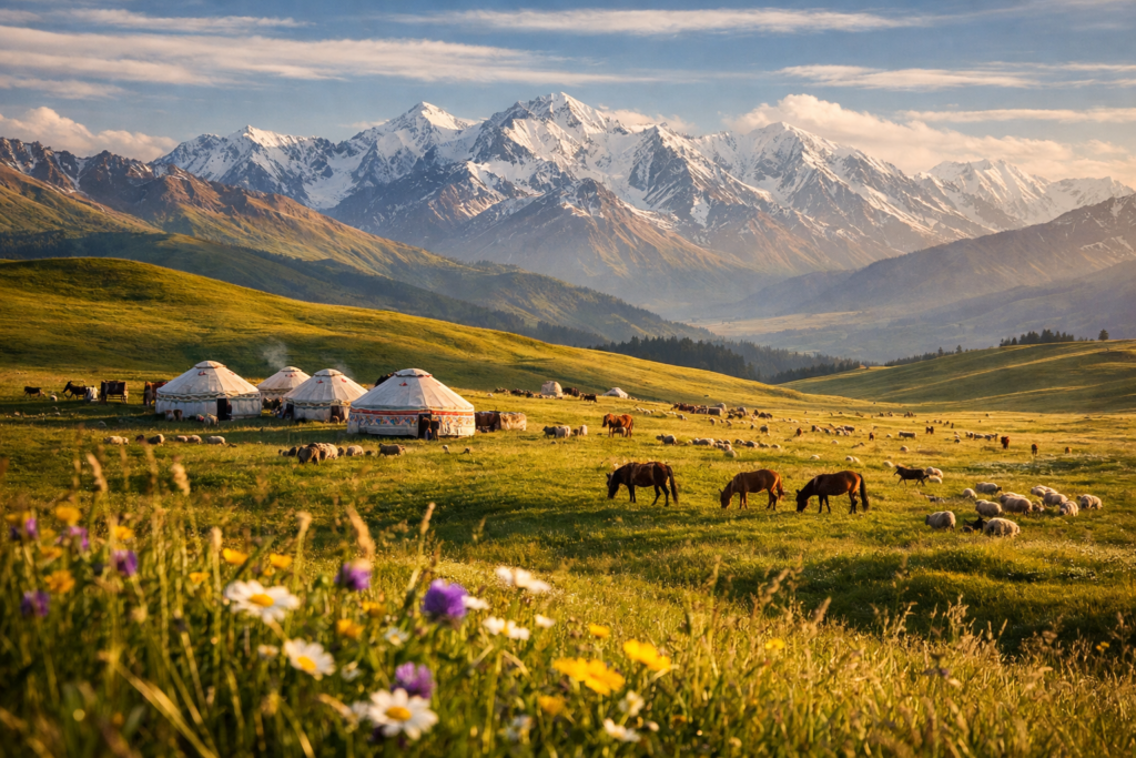 那拉提空中草原的盛夏牧场,雪山、毡房与牛羊共构了天山最纯粹的草原图景