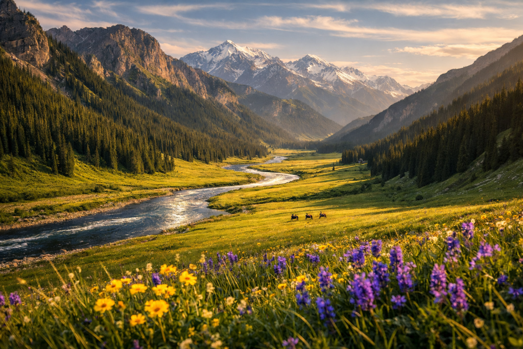 唐布拉百里画廊盛夏全景,喀什河从天山峡谷蜿蜒流过,两岸是一百三十公里的云杉草甸与野花海