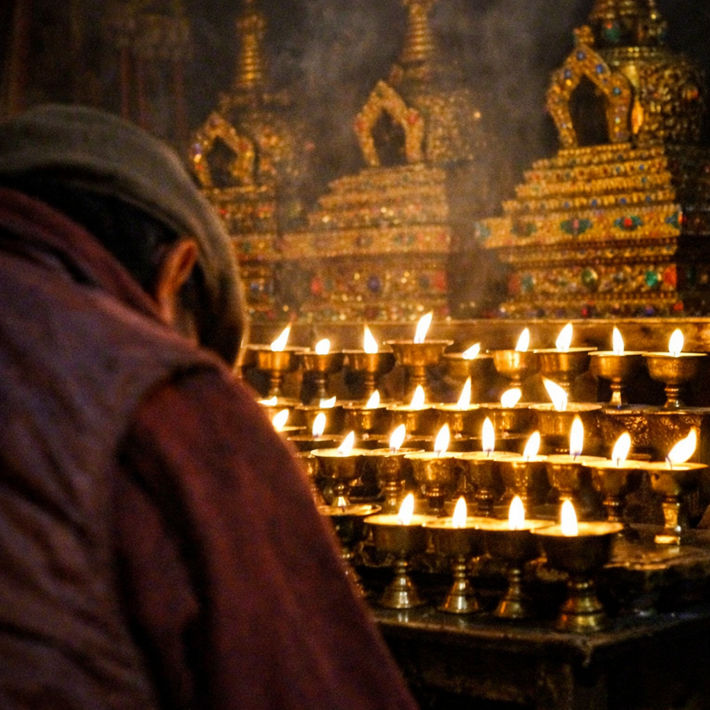 扎什伦布寺历世班禅灵塔殿内部,酥油灯映照金塔,藏人俯身叩拜,昏暗殿堂中弥漫酥油香气,西藏藏传佛教灵塔朝拜现场实拍。