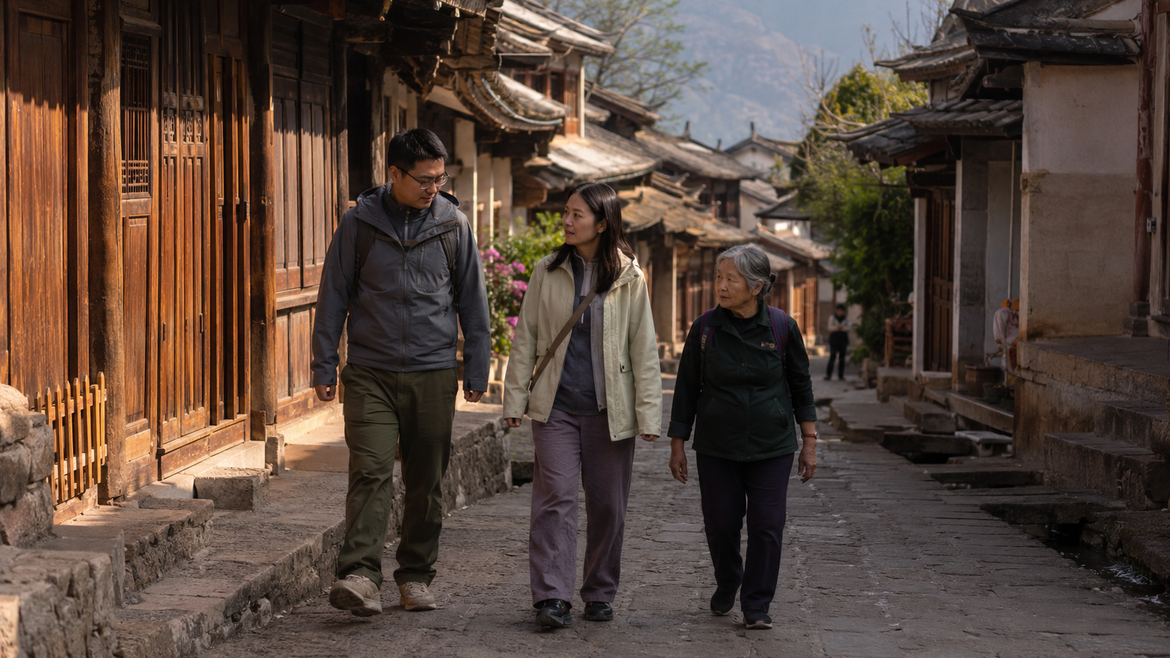新加坡马来西亚游客在沙溪古镇木屋街巷散步,适合大理到丽江之间慢旅行