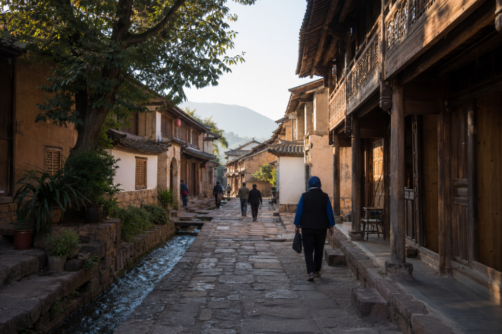 沙溪古镇石板街、水渠与白族木屋,云南茶马古道慢旅行景点