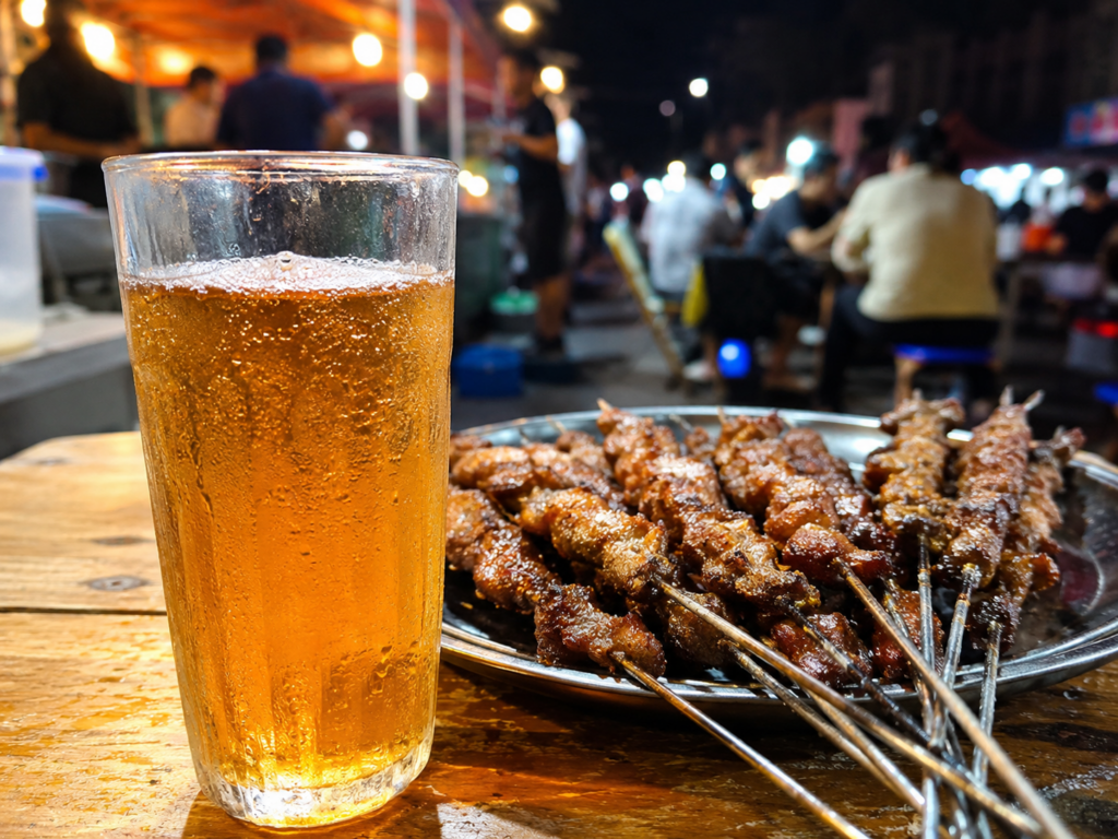新疆夜市里的冰镇卡瓦斯与烤羊肉