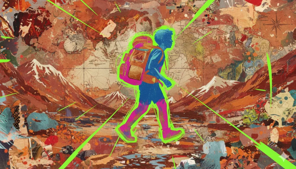 Colorful hiker crossing rugged landscape