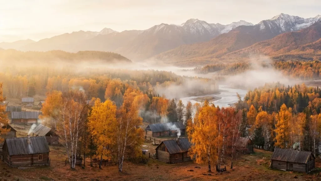禾木村秋季木屋与金黄白桦林全景